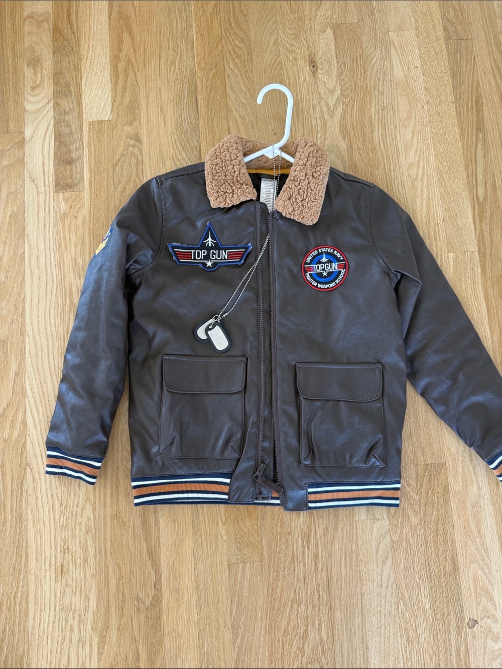 Top Gun-Inspired Brown Faux Leather Kids Jacket w/ Dog Tags
